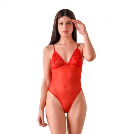 Body de Tul Elastizado y Encaje Rojo Malena .-