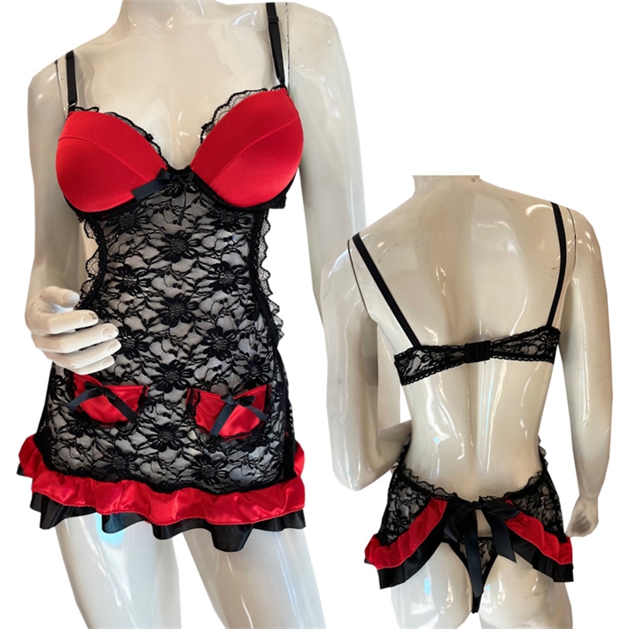 Vestido delantal encaje y saten NEGRO .-